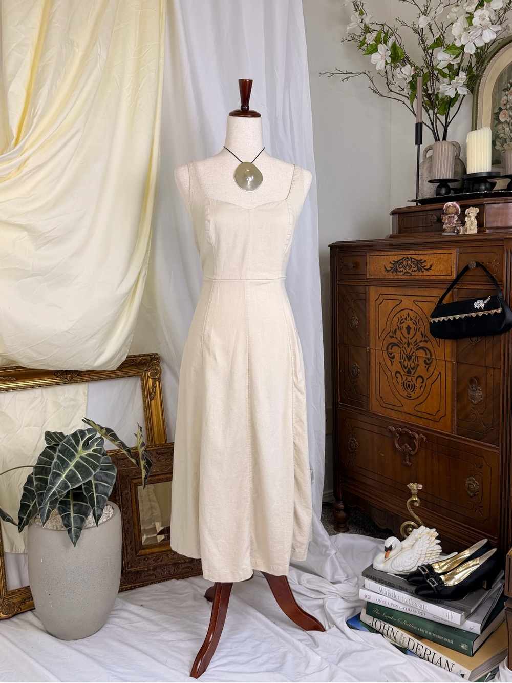 Old Navy Cream Linen-Blend Summer Dress - Cottagecore boho prairie size M chic - Picture 4 of 9